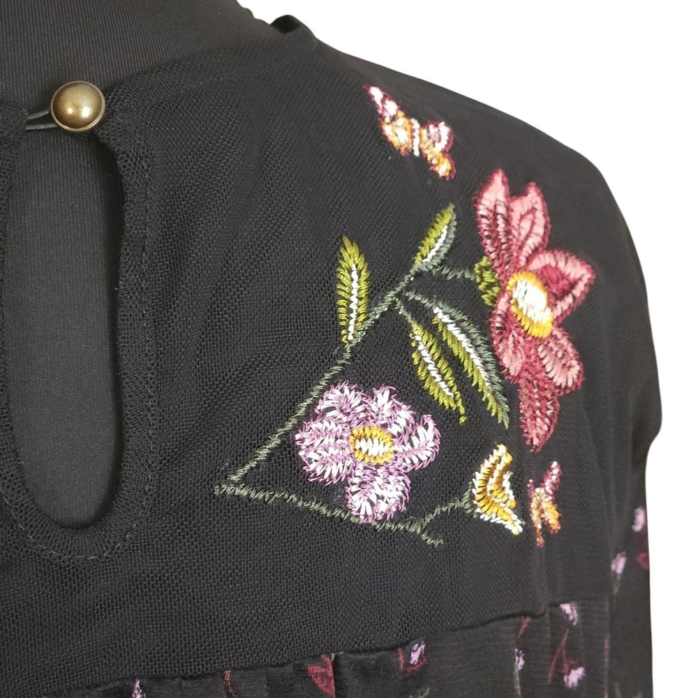 Black Sheer Mesh Floral Embroidered Boho Blouse Bell Sleeve Whimsigoth Top XL - Picture 7 of 9